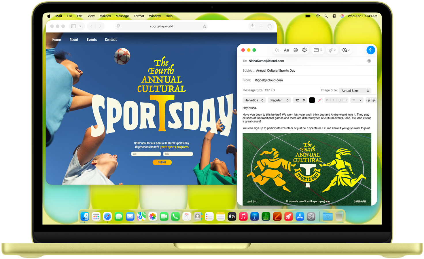 MacBook Neo jaune affichant un site web et une messagerie côte à côte